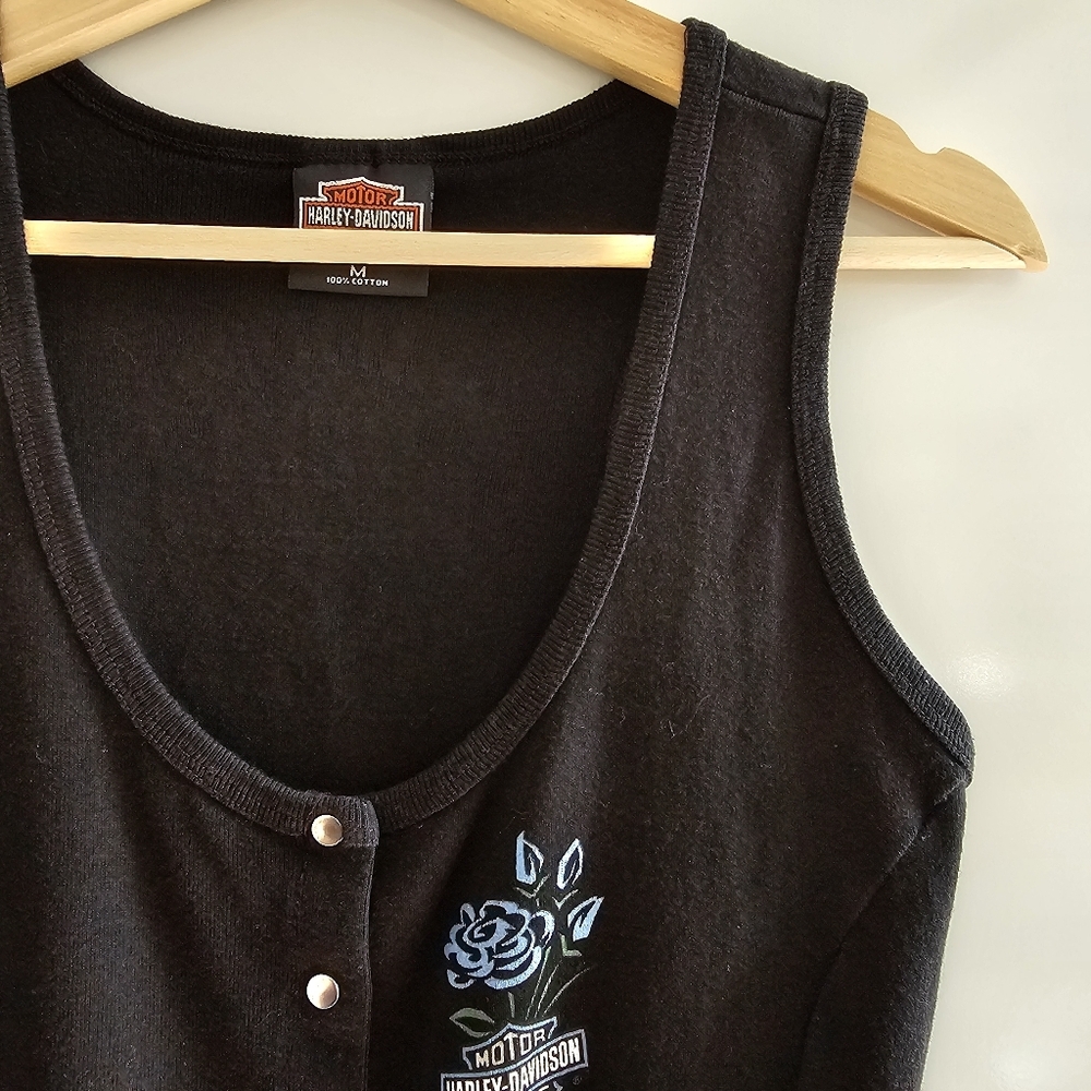 Vintage Harley-Davidson Black Snap-Front Rose Graphic Ribbed Tank Top Size M - Picture 5 of 12